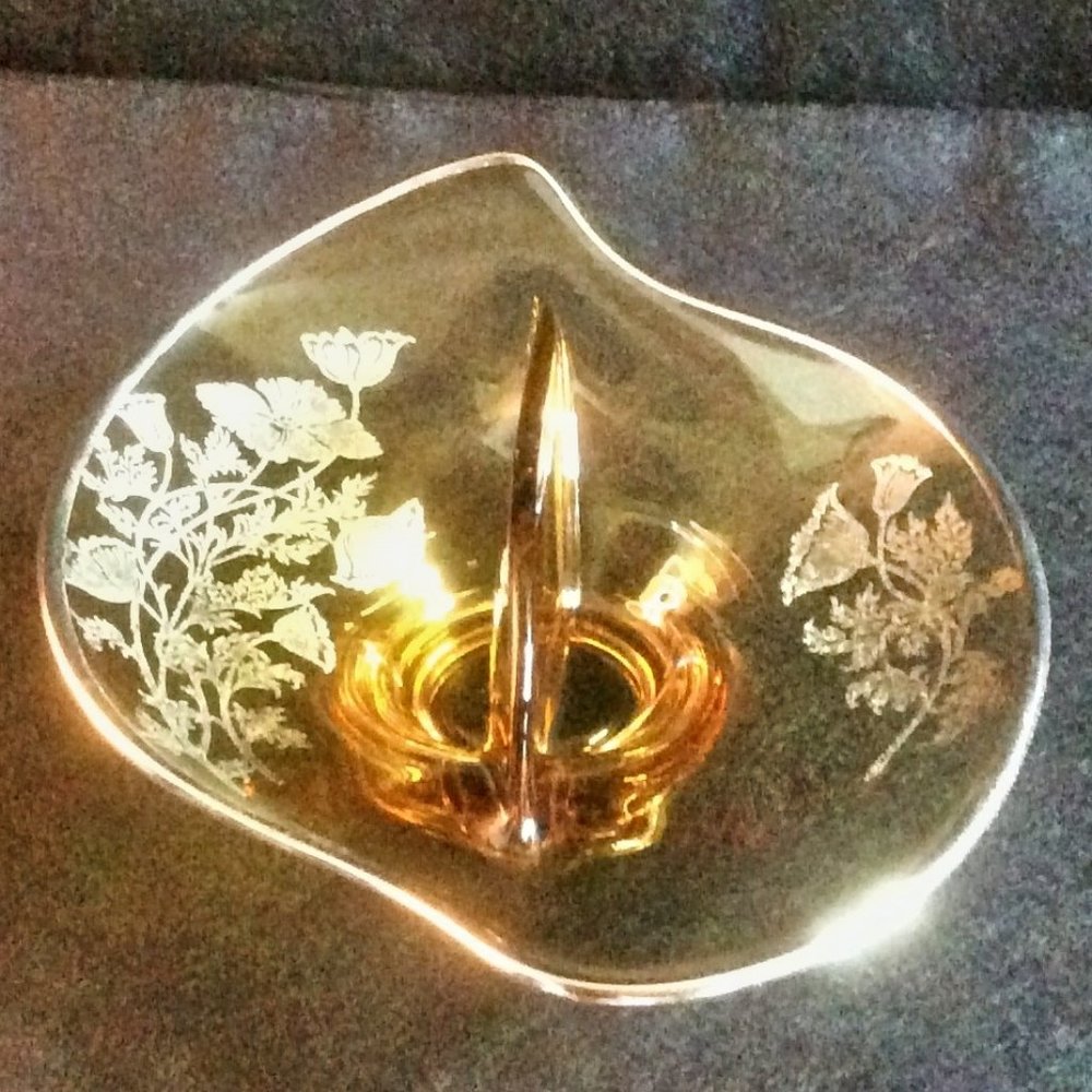 Vintage Amber Divided Dish Silver Flower Rim Plate Curved Tray Unique Home Decor
